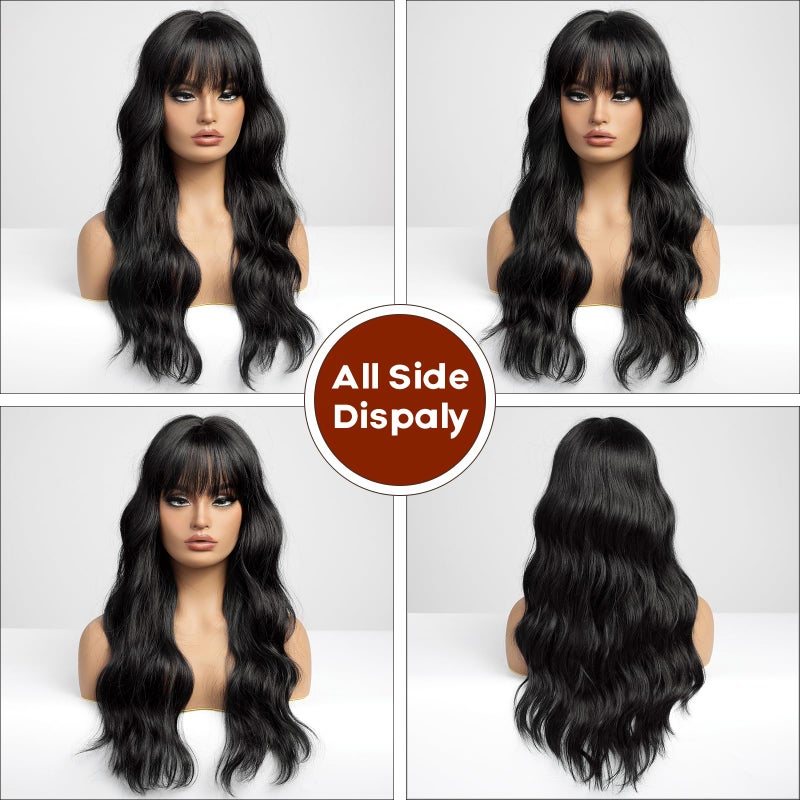 EMMOR Black Wigs for Women Long Curly Wigs With Bangs Water Wavy Synthetic Wig, Party Cosplay Daily Use - Image 5